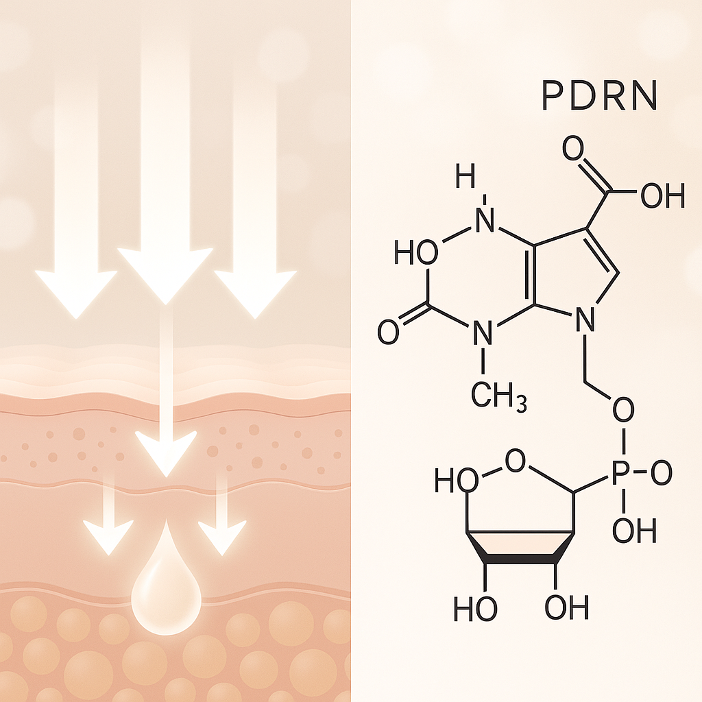 Illustration of skin hydration with a chemical structure diagram on a beige background